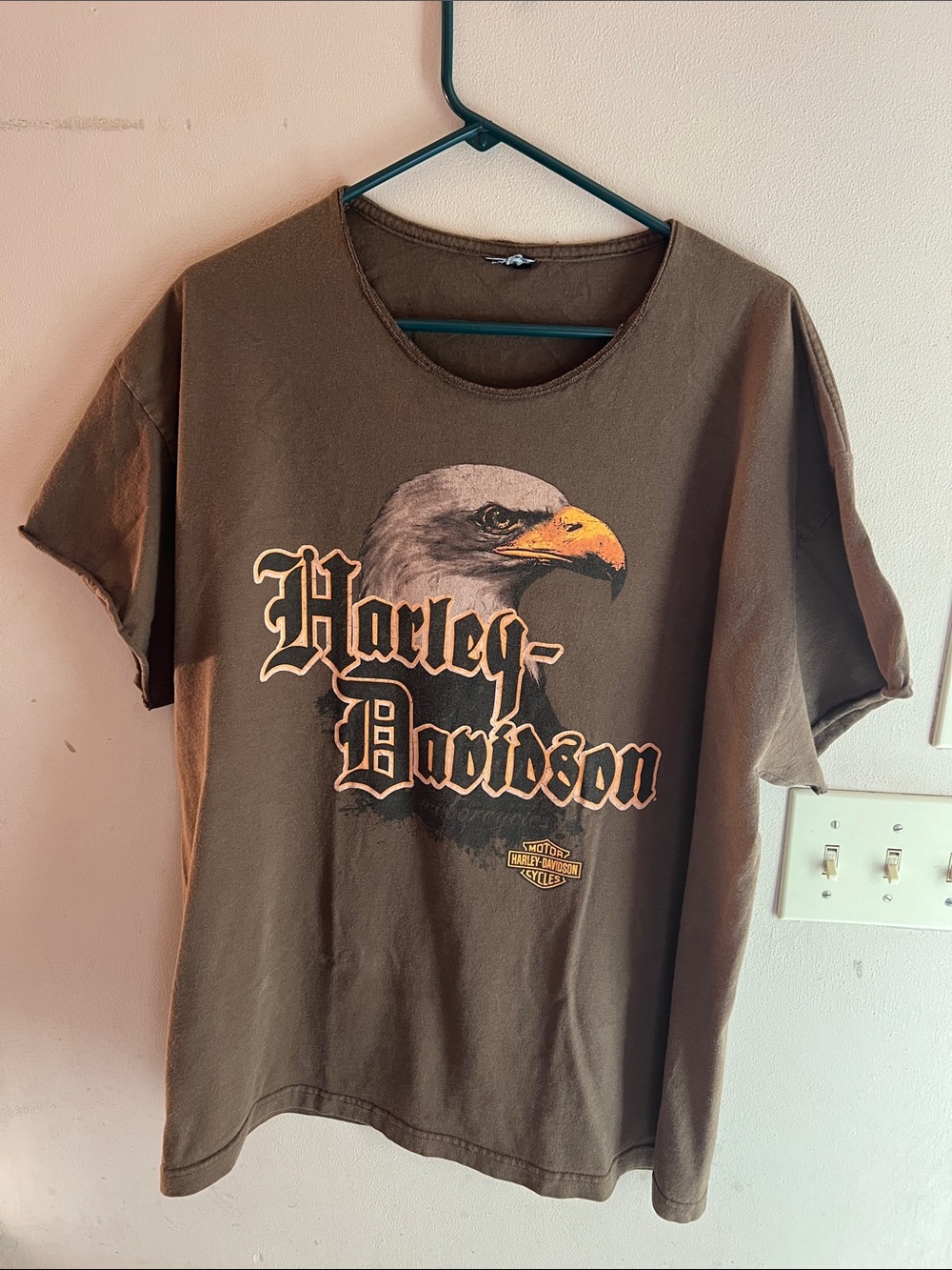 VINTAGE HARLEY DAVIDSON Y2K EAGLE BAR & SHIELD RAW EDGE BROWN TEE SIZE XL